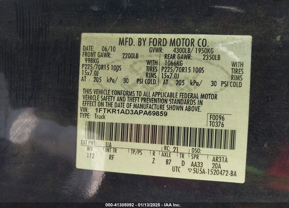 2010 FORD RANGER XL/XLT VIN: 1FTKR1AD3APA69859