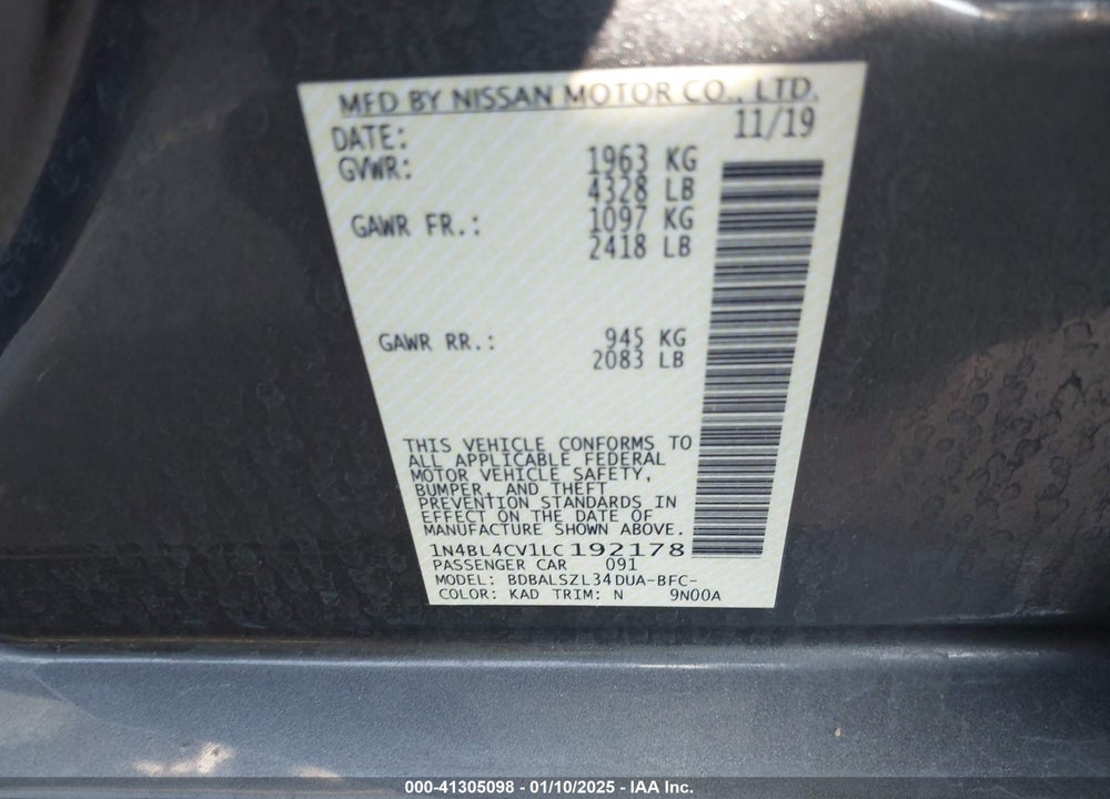 2020 NISSAN ALTIMA SR FWD VIN: 1N4BL4CV1LC192178