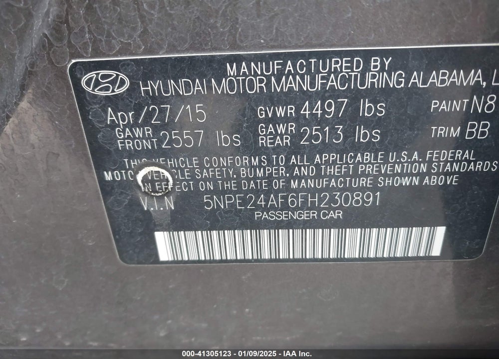 2015 HYUNDAI SONATA SE VIN: 5NPE24AF6FH230891