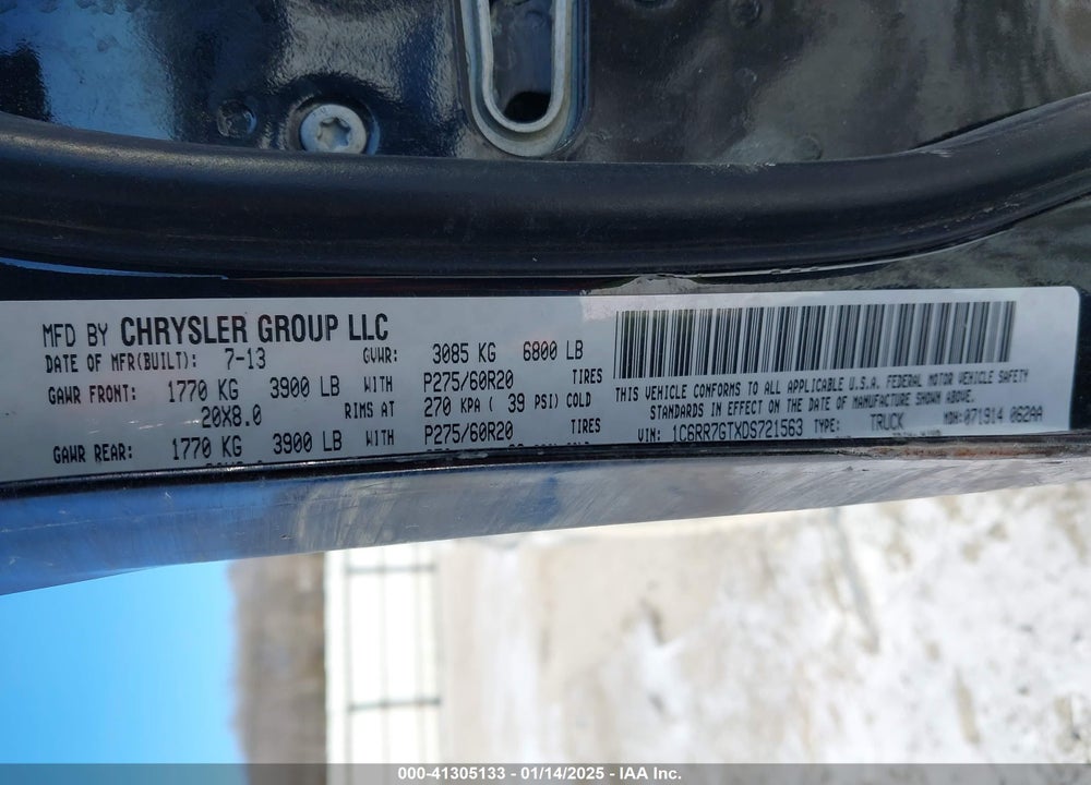 2013 RAM 1500 VIN: 1C6RR7GTXDS721563