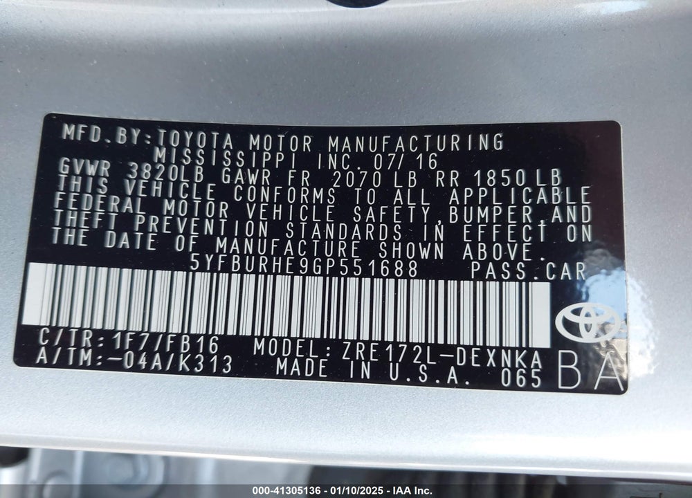 2016 TOYOTA COROLLA VIN: 5YFBURHE9GP551688