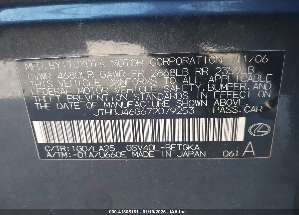 2007 LEXUS ES VIN: JTHBJ46G672079253