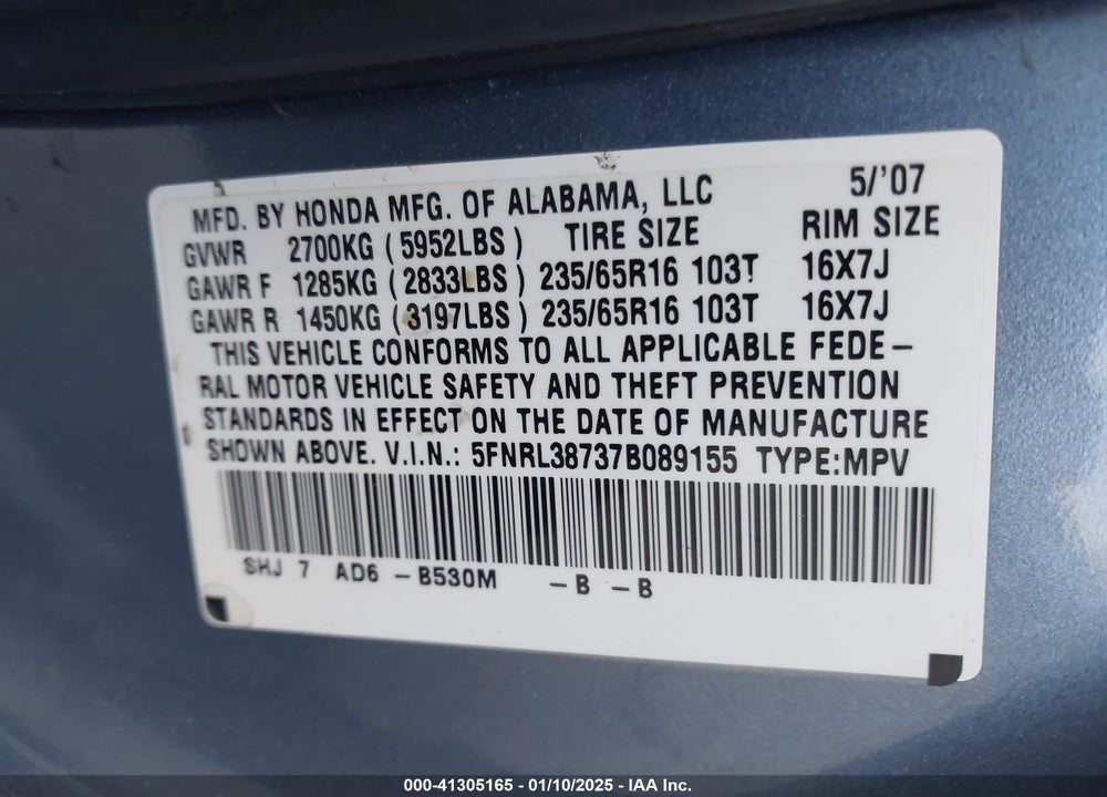 2007 HONDA ODYSSEY EX-L VIN: 5FNRL38737B089155