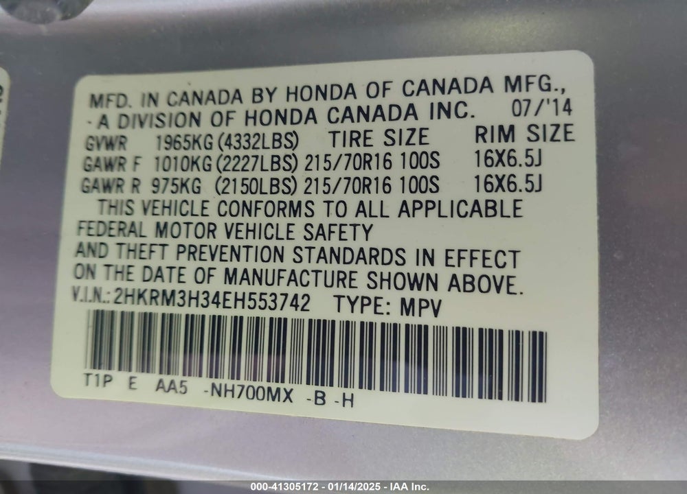 2014 HONDA CR-V LX VIN: 2HKRM3H34EH553742