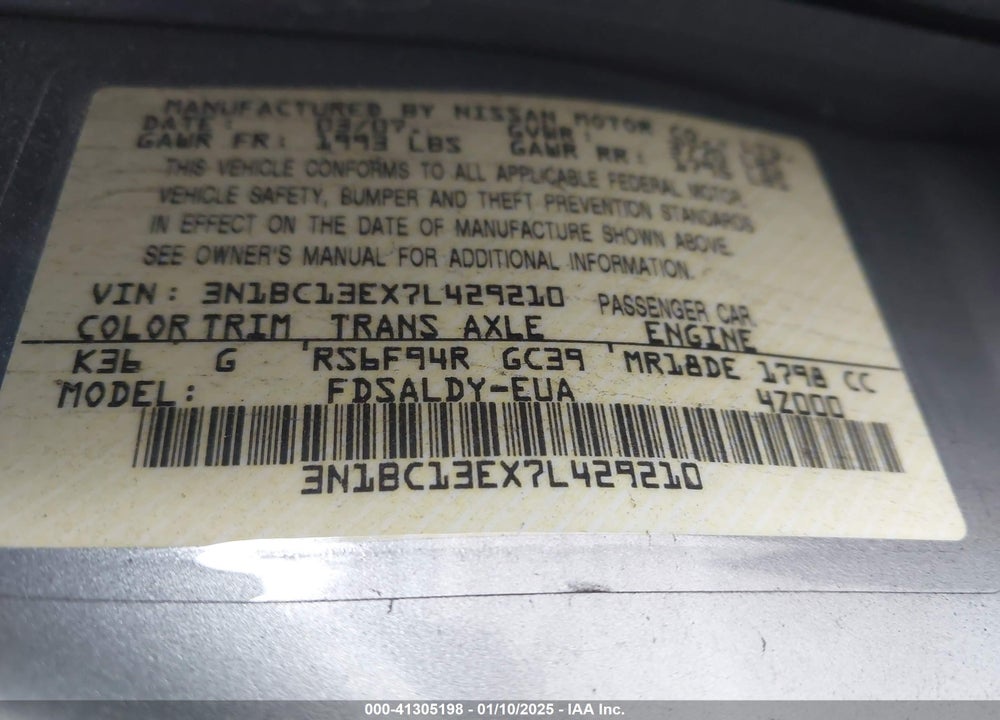2007 NISSAN VERSA 1.8S VIN: 3N1BC13EX7L429210