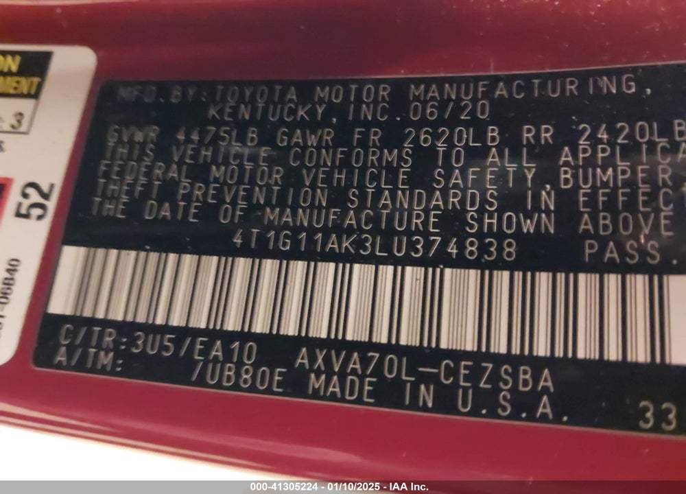 2020 TOYOTA CAMRY VIN: 4T1G11AK3LU374838