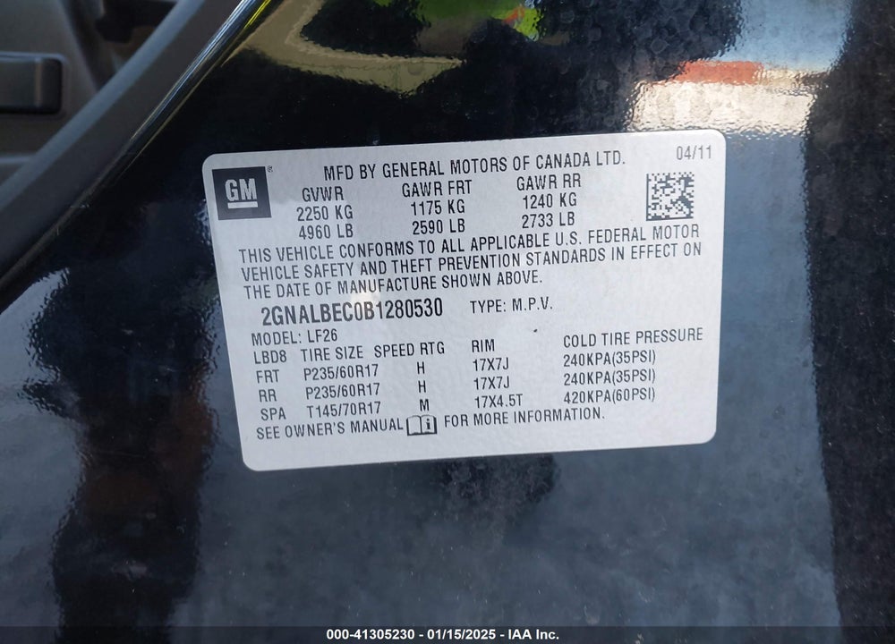 2011 CHEVROLET EQUINOX LS VIN: 2GNALBEC0B1280530