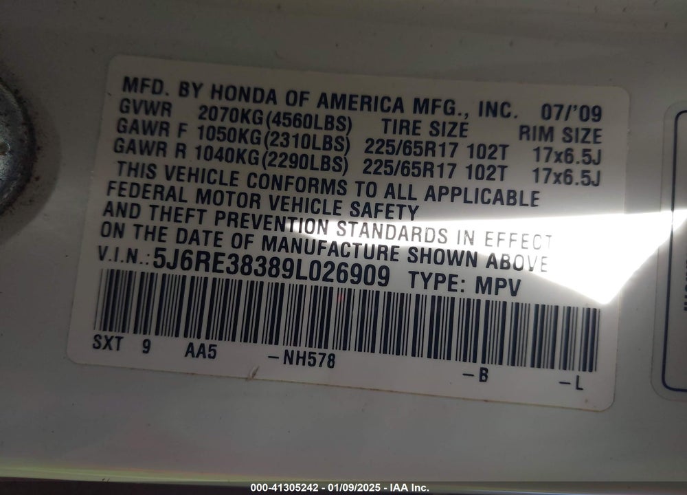 2009 HONDA CR-V LX VIN: 5J6RE38389L026909