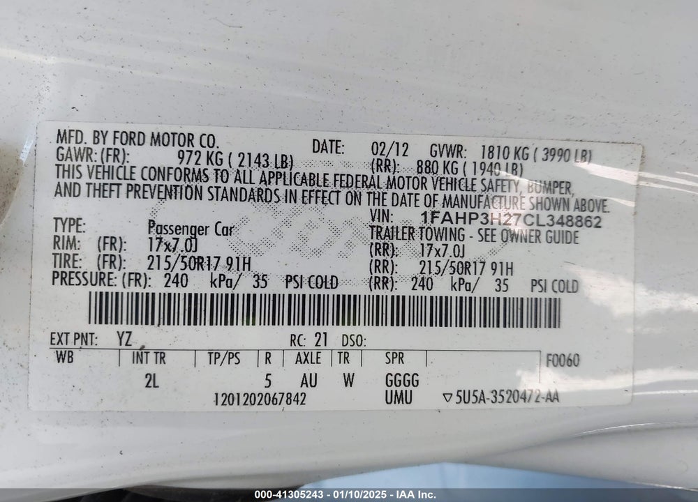 2012 FORD FOCUS SEL VIN: 1FAHP3H27CL348862