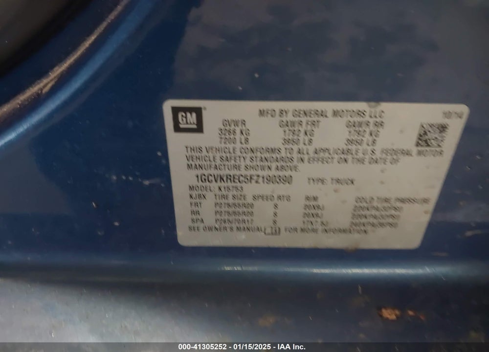 2015 CHEVROLET SILVERADO 1500 1LT VIN: 1GCVKREC5FZ190390
