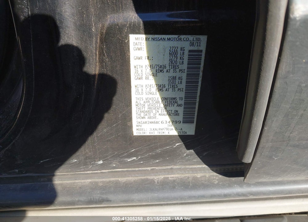 2011 NISSAN PATHFINDER S VIN: 5N1AR1NN6BC634799