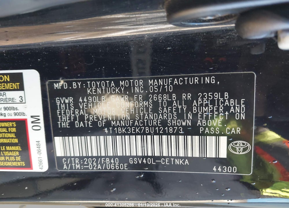 2011 TOYOTA CAMRY LE VIN: 4T1BK3EK7BU121873