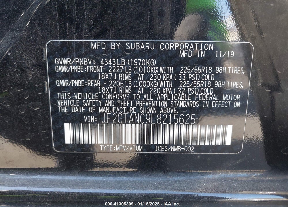 2020 SUBARU CROSSTREK LIMITED VIN: JF2GTANC9L8215625