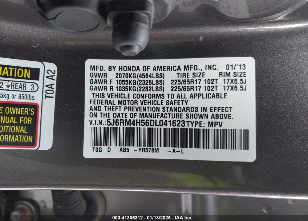 2013 HONDA CR-V EX VIN: 5J6RM4H56DL041623