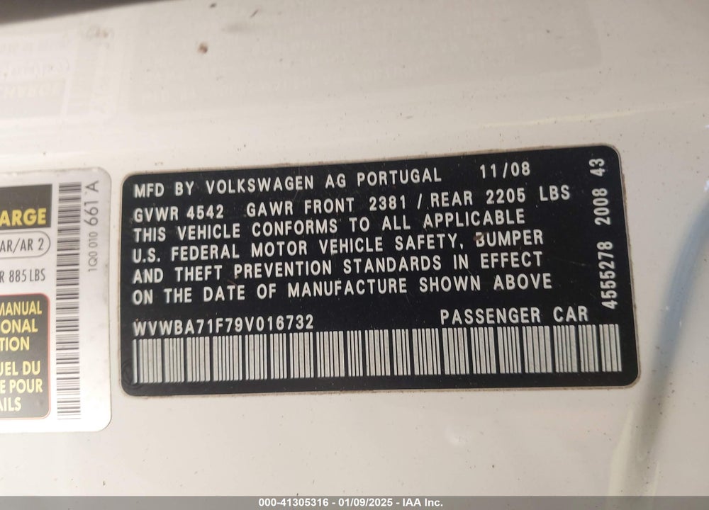 2009 VOLKSWAGEN EOS VIN: WVWBA71F79V016732