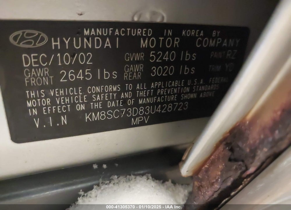 2003 HYUNDAI SANTA FE GLS/LX VIN: KM8SC73D83U428723