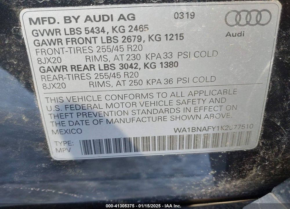 2019 AUDI Q5 45 PREMIUM VIN: WA1BNAFY1K2077510