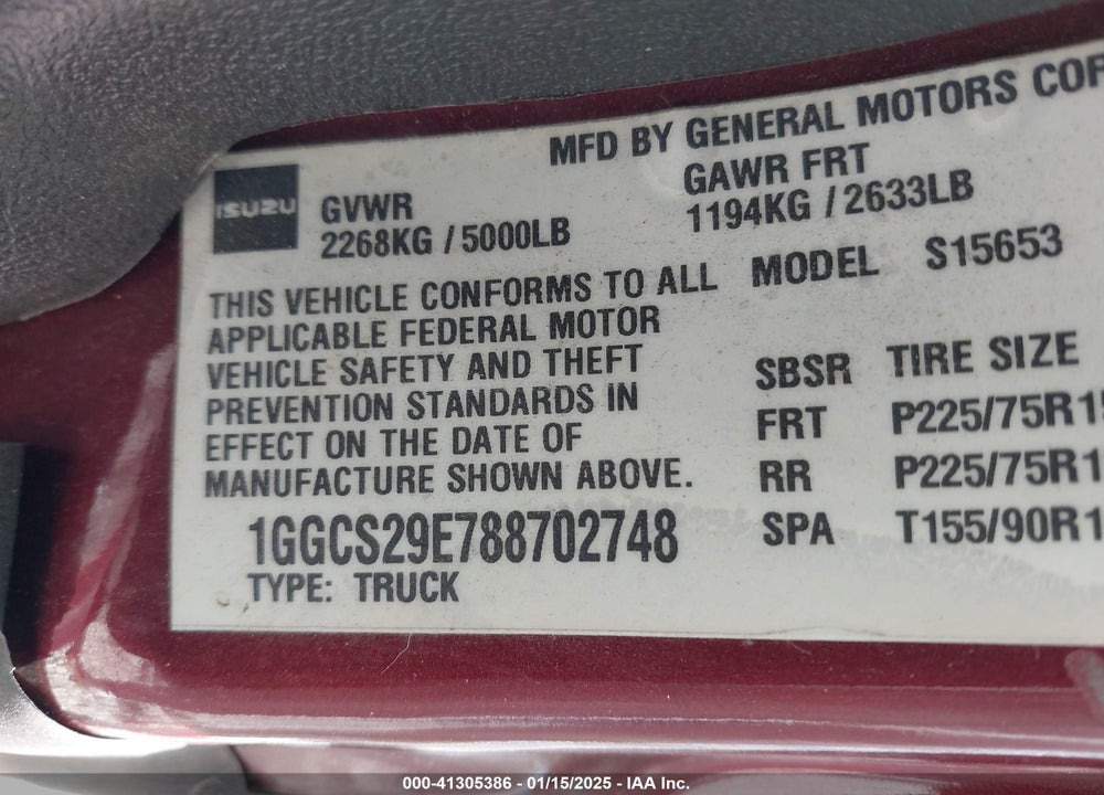 2008 ISUZU I-370 LS VIN: 1GGCS29E788702748