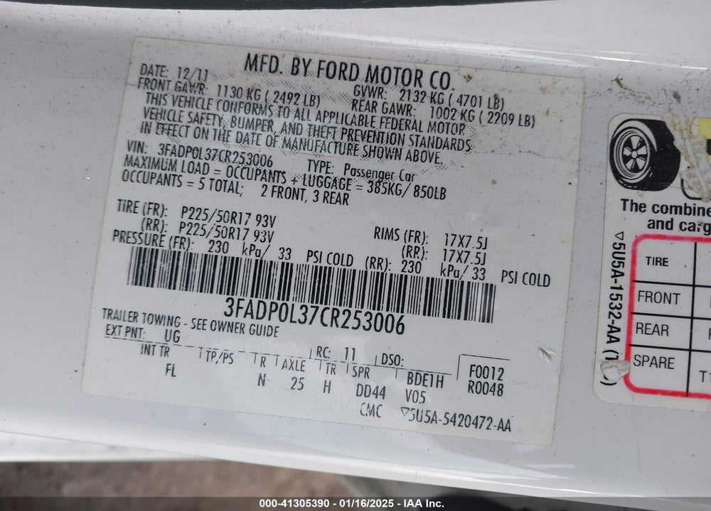 2012 FORD FUSION HYBRID VIN: 3FADP0L37CR253006