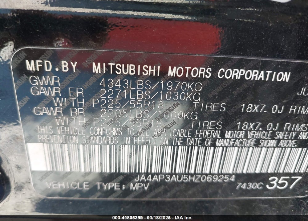 2017 MITSUBISHI OUTLANDER SPORT 2.0 ES/2.0 LE VIN: JA4AP3AU5HZ069254