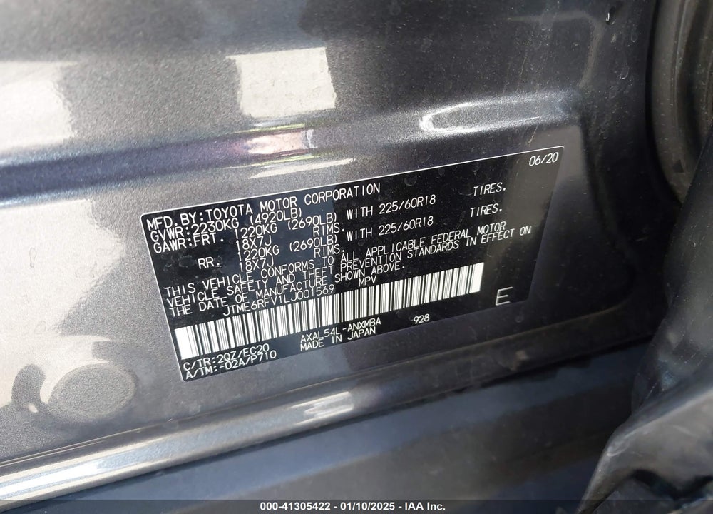 2020 TOYOTA RAV4 HYBRID VIN: JTME6RFV1LJ001569