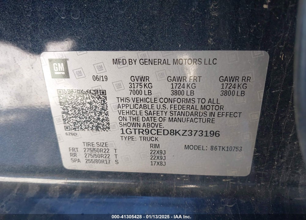 2019 GMC SIERRA 1500 ELEVATION VIN: 1GTR9CED8KZ373196