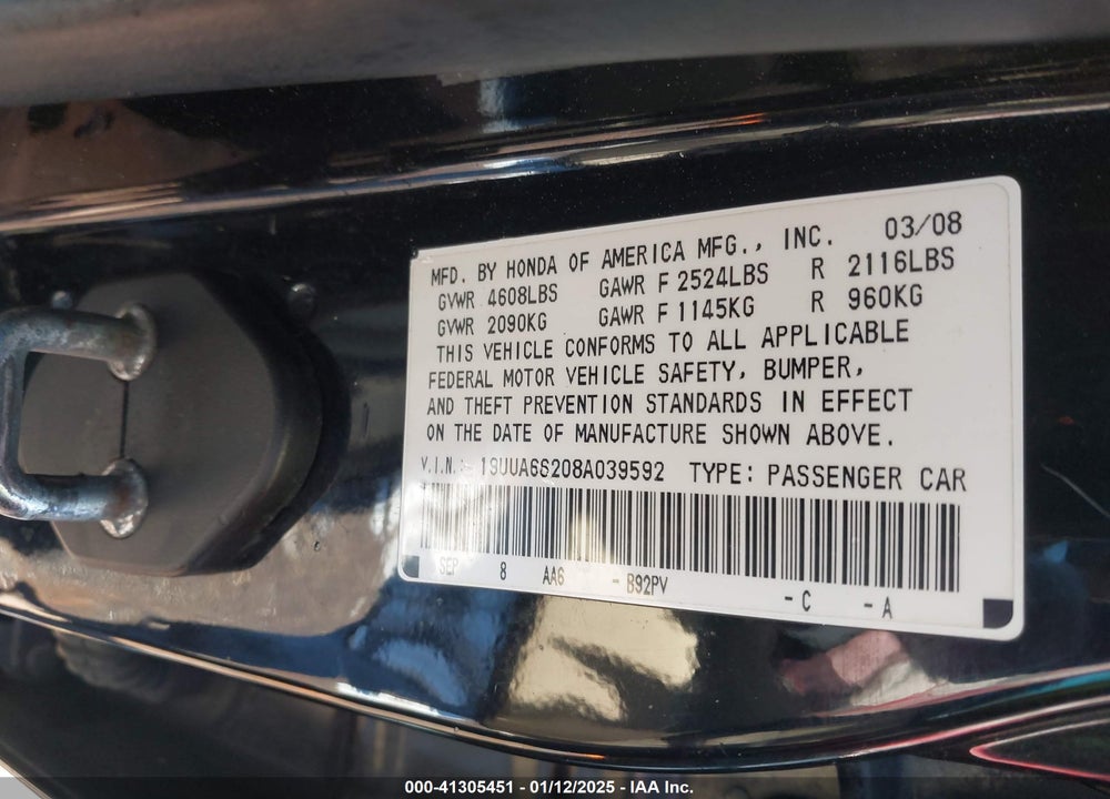 2008 ACURA TL 3.2 VIN: 19UUA66208A039592