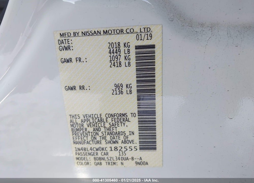 2019 NISSAN ALTIMA VIN: 1N4BL4CW0KC182555