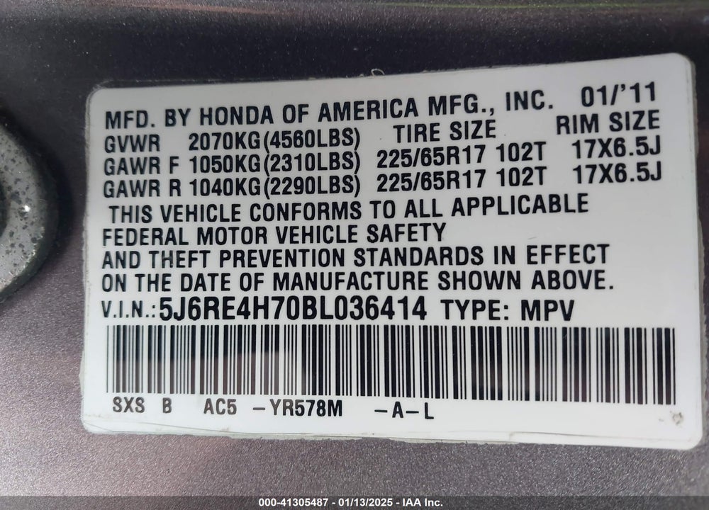 2011 HONDA CR-V EX-L VIN: 5J6RE4H70BL036414