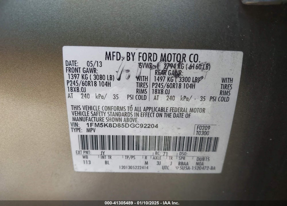 2013 FORD EXPLORER XLT VIN: 1FM5K8D85DGC92204