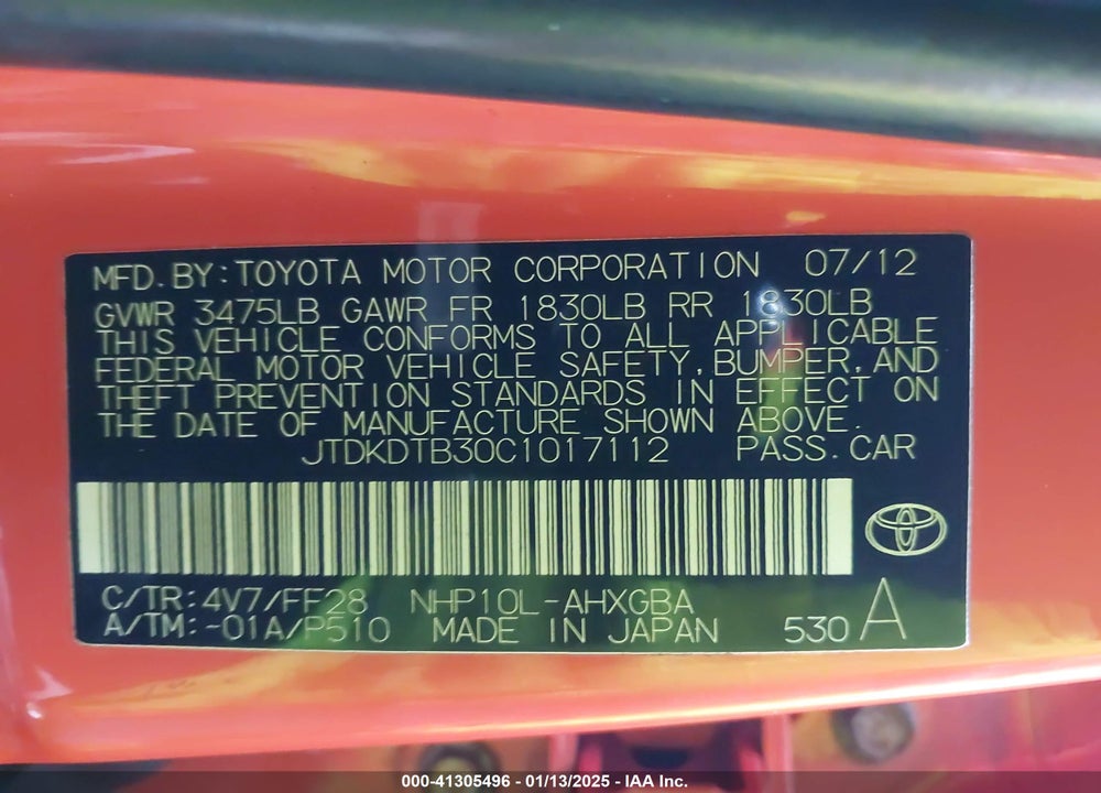 2012 TOYOTA PRIUS C THREE VIN: JTDKDTB30C1017112