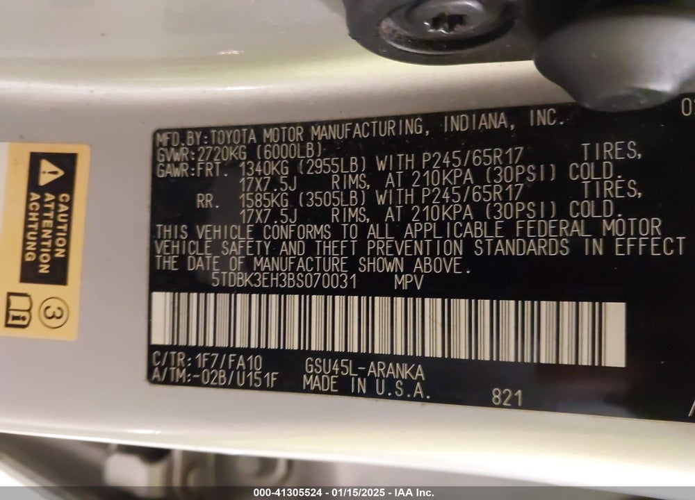 2011 TOYOTA HIGHLANDER SE VIN: 5TDBK3EH3BS070031