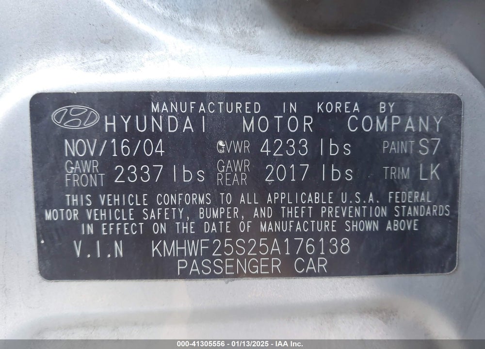 2005 HYUNDAI SONATA GL VIN: KMHWF25S25A176138