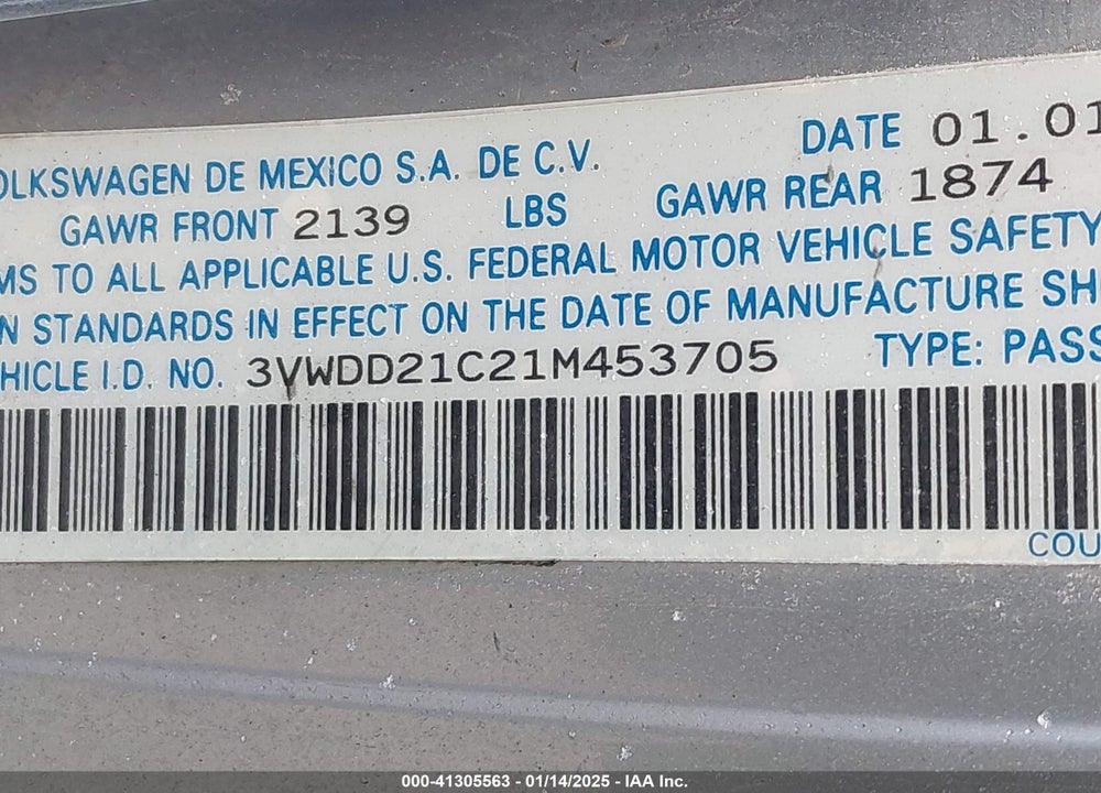2001 VOLKSWAGEN NEW BEETLE GLX VIN: 3VWDD21C21M453705