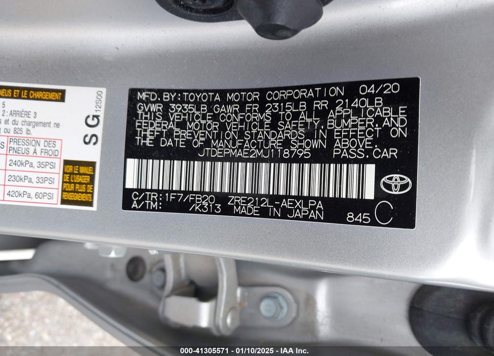 2021 TOYOTA COROLLA LE VIN: JTDEPMAE2MJ118795
