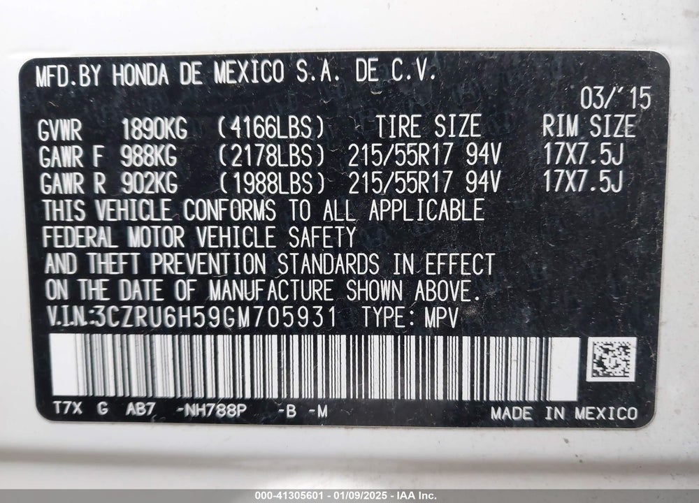 2016 HONDA HR-V EX VIN: 3CZRU6H59GM705931