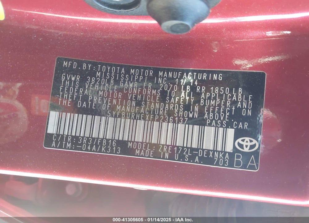 2015 TOYOTA COROLLA VIN: 5YFBURHEXFP236137