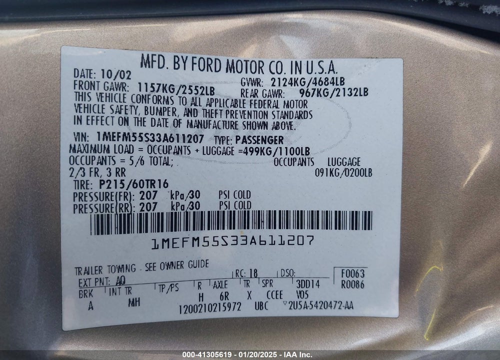 2003 MERCURY SABLE LS PREMIUM VIN: 1MEFM55S33A611207