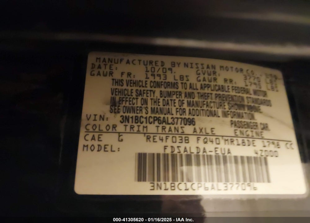 2010 NISSAN VERSA VIN: 3N1BC1CP6AL377096