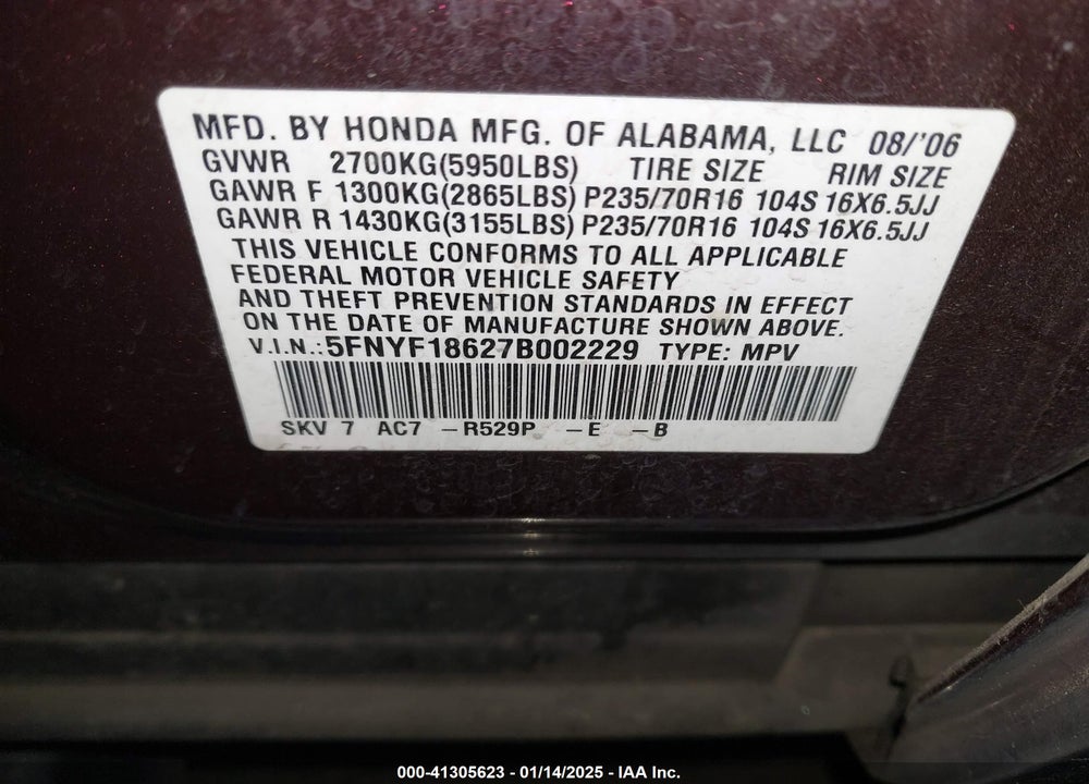 2007 HONDA PILOT EX-L VIN: 5FNYF18627B002229