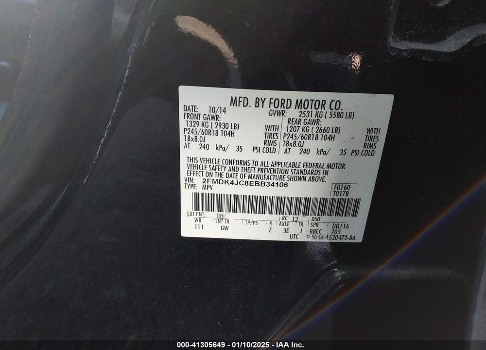 2014 FORD EDGE SEL VIN: 2FMDK4JC8EBB34106