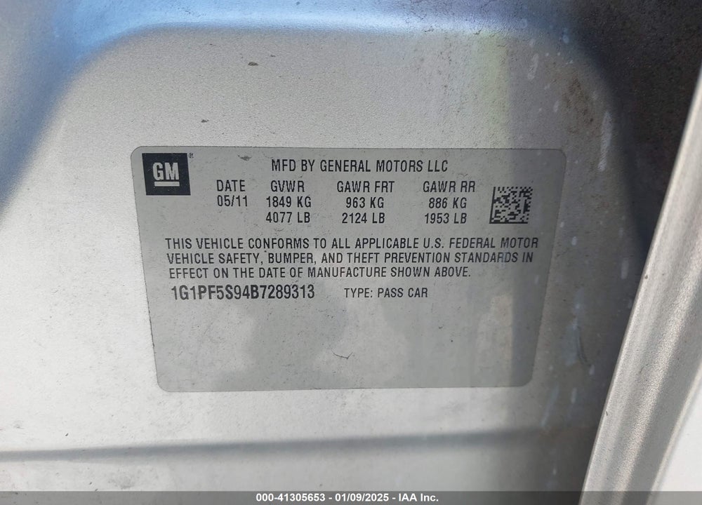 2011 CHEVROLET CRUZE 1LT VIN: 1G1PF5S94B7289313