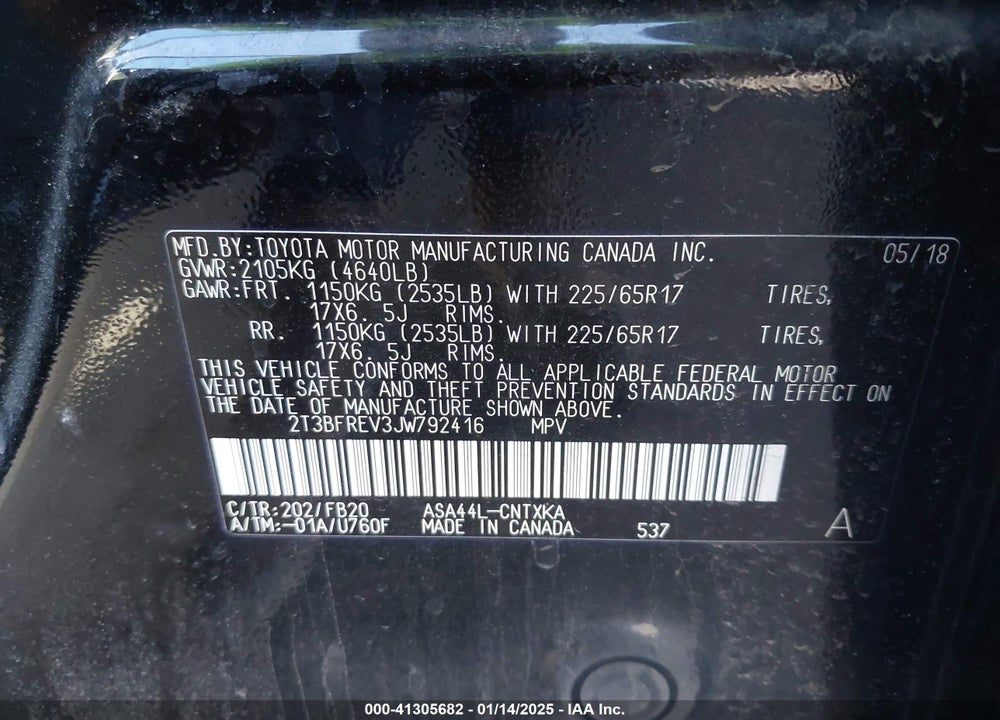 2018 TOYOTA RAV4 LE VIN: 2T3BFREV3JW792416