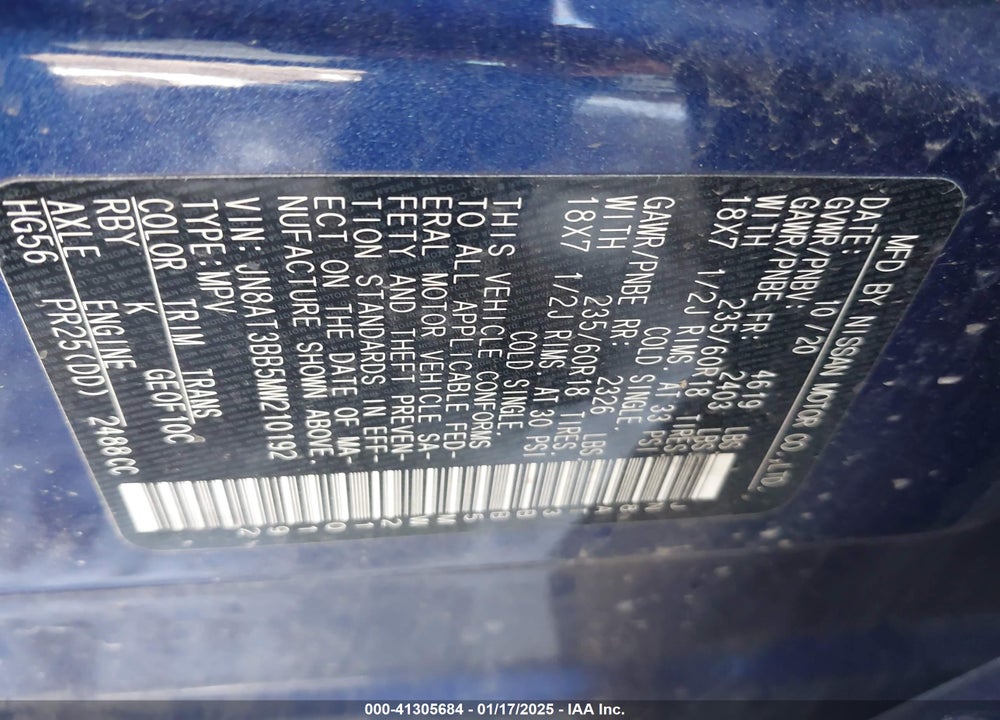 2021 NISSAN ROGUE VIN: JN8AT3BB5MW210192