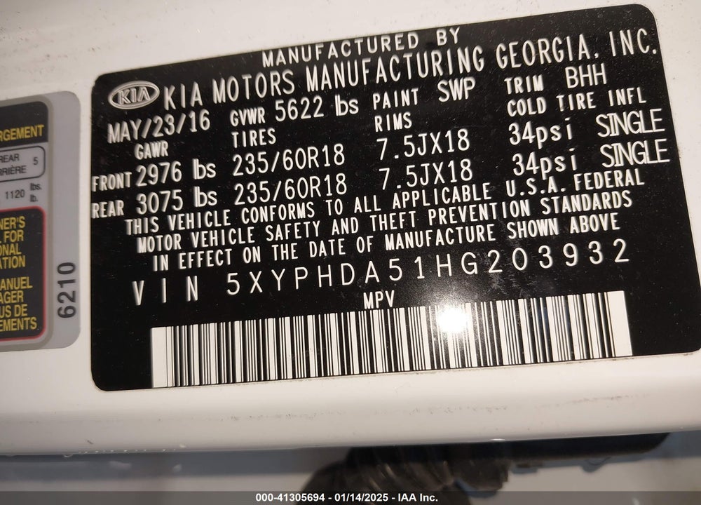 2017 KIA SORENTO 3.3L EX VIN: 5XYPHDA51HG203932