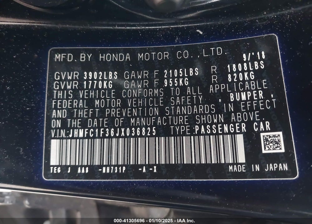 2018 HONDA CIVIC EX-T VIN: JHMFC1F36JX036825