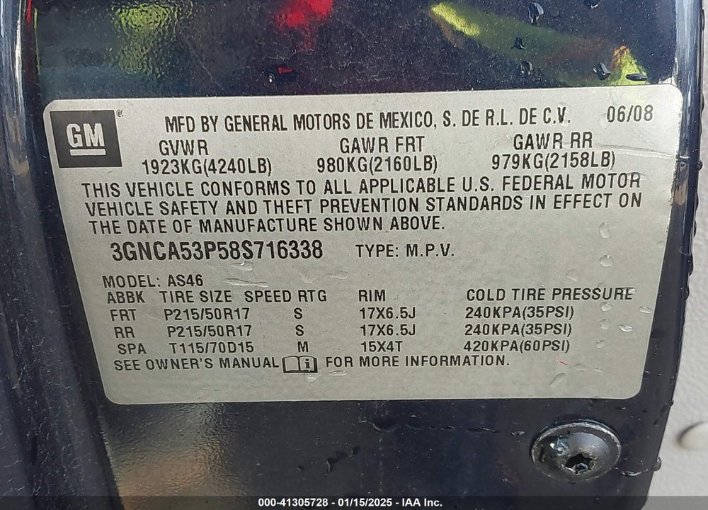 2008 CHEVROLET HHR LT VIN: 3GNCA53P58S716338