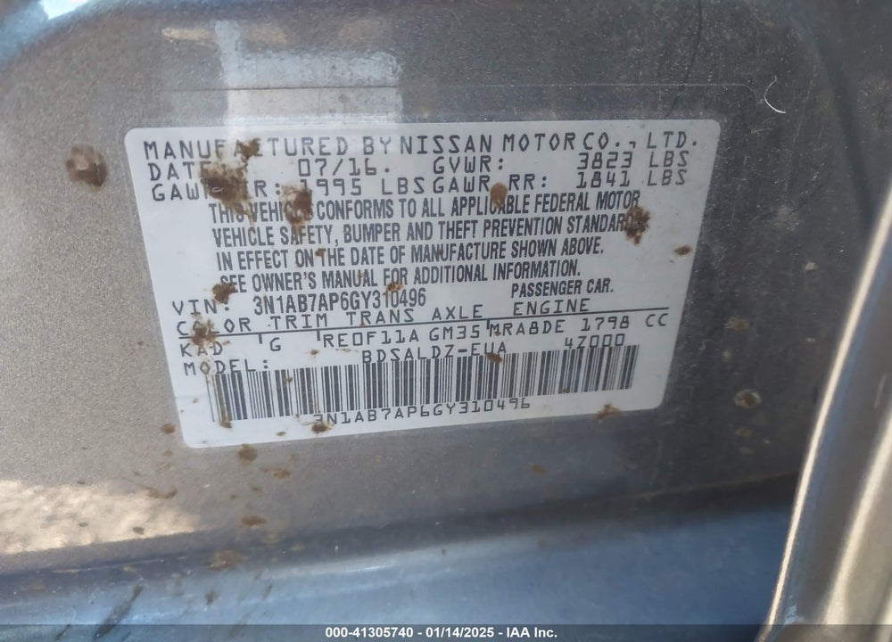 2016 NISSAN SENTRA VIN: 3N1AB7AP6GY310496