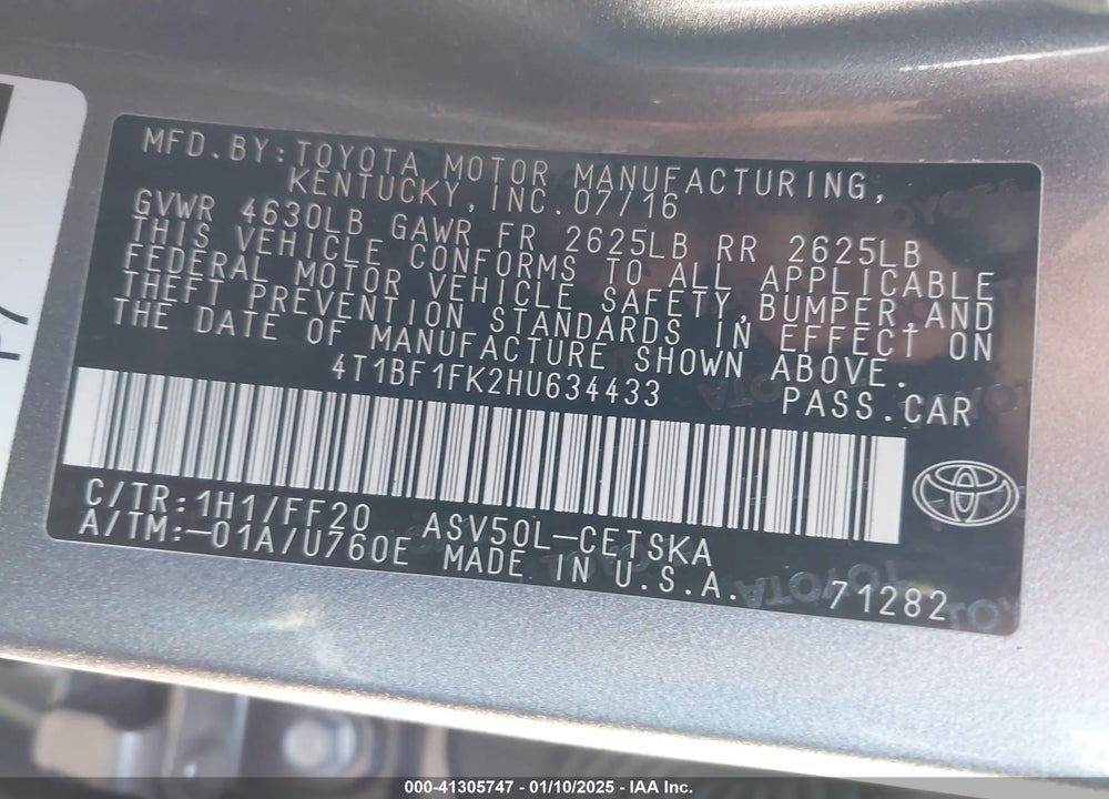 2017 TOYOTA CAMRY SE VIN: 4T1BF1FK2HU634433