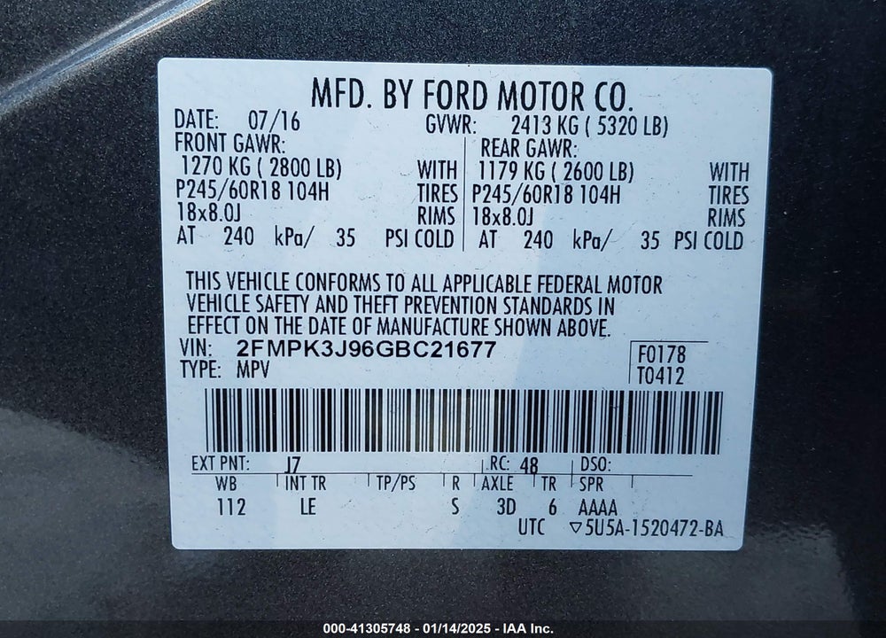 2016 FORD EDGE SEL VIN: 2FMPK3J96GBC21677